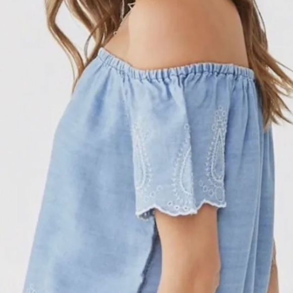 Embroidered Off Shoulder Top Chambray‎ forever 21 - Picture 7 of 9